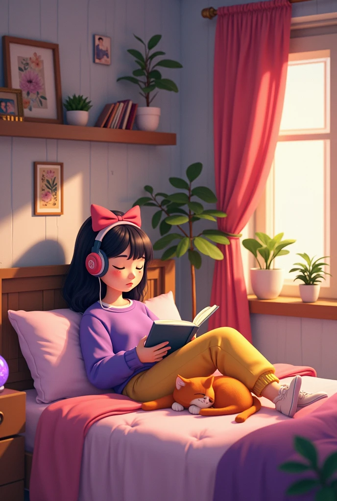 Create an image that depicts a warm, intimate scene with a style reminiscent of modern animation. In it, a young woman with dark hair with a pink bow that holds her hair, relaxes lying on her bed reading a book in her spring house in the rustic style countryside with beautiful traditional luxury curtains, spring season. She wears a sweatshirt, yellow pants and a sweatshirt. purple blouse, They are wearing headphones calmly with an orange cat lying on the bed next to them, conveying a feeling of comfort and peace. The room has a cozy and modern decor with a color palette dominated by shades of pink, purple and touches of red. There is a shelf full of books, indicating interest in reading or studying, as well as decorations such as plants, a luminous orb and a paper garland. The room is lit by the soft glow of a fireplace, and an open laptop on the floor suggests that the person was working or studying and has a purple and yellow school bag. The composition of the image is balanced and full of personal details such as photographs and objects that express the occupant's personality. The scene as a whole evokes a feeling of serenity and contentment, much like the idea of being at home on a cold day, the scene is seen from above. 8k photography style, 16:9