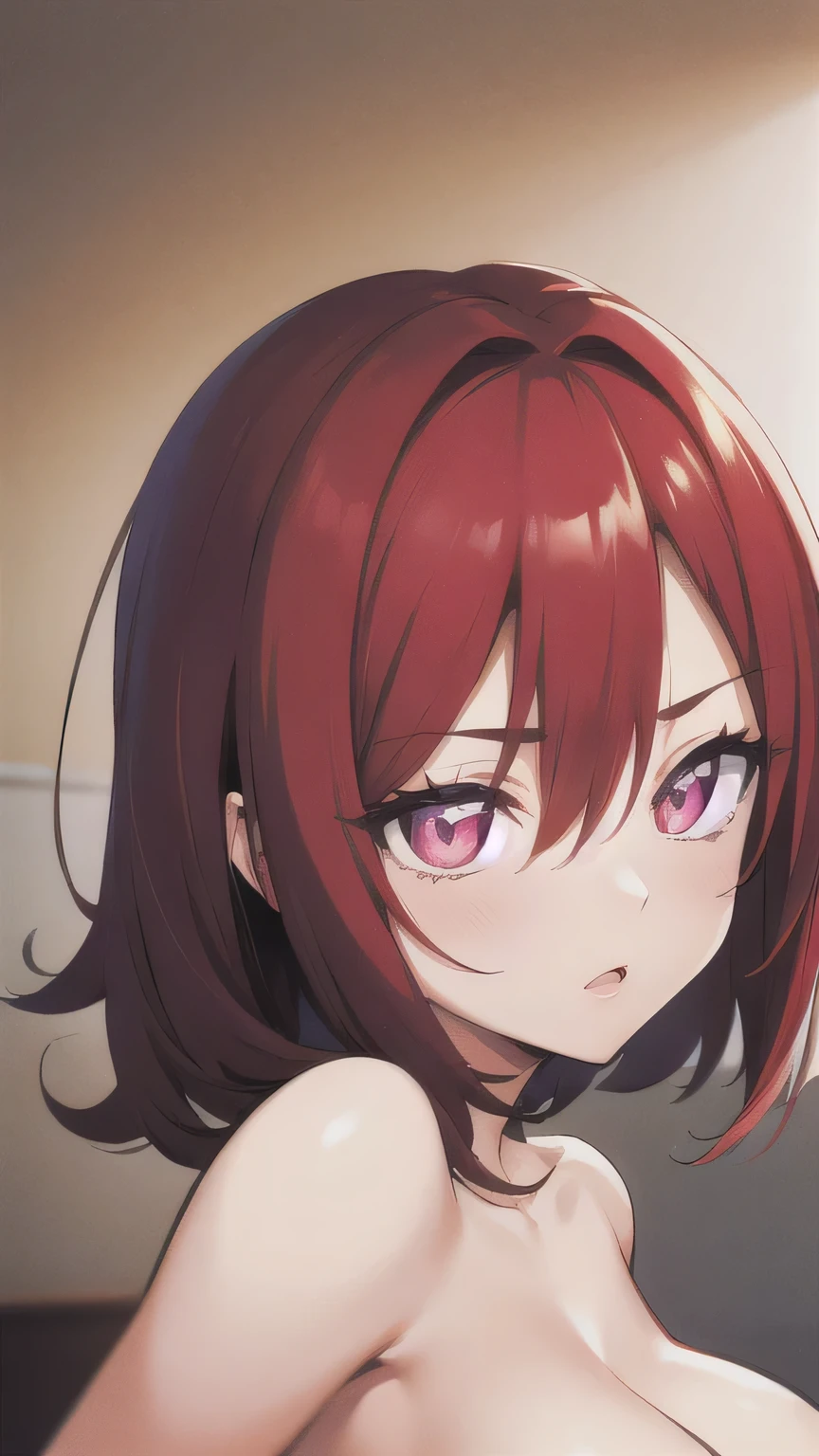 One person, High resolution, big breasts,Bangs between the eyes, masterpiece, Highest quality, Medium Hair, Red hair,Pink eyes, anime,