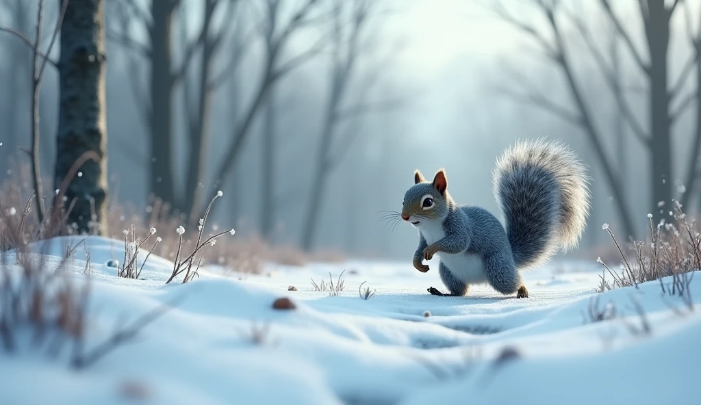 • make 3d realistic animated image of "• The trees were now bare, and the ground was covered with frost. Nutty(squirrel)started to feel hungry, but when he went to find acorns, there were none left.
Prompt: A stark winter scene with bare trees and a frosty ground. Nutty searches frantically for acorns in the snow-covered landscape but finds nothing, looking worried and cold.
