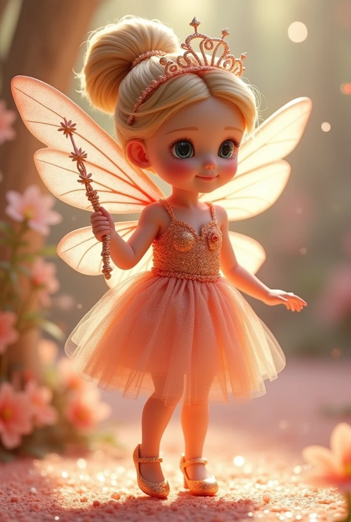 Show me a picture of a little fairy who wore princess dress in a glittery peach color with crown on her head and a magic stick in her hand and she have a glittery peach color wings and the size of her wings is one and half of her size and she's a month old and she wore heels too and she have a big bun on her head