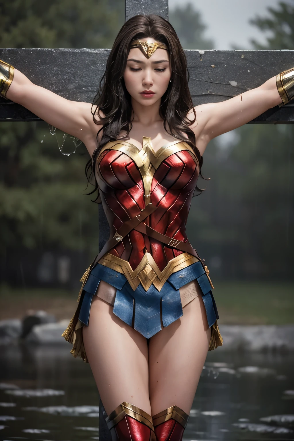 rain,Heavy rain,豪rain,In the midst of a storm,Full body soaked,my hair is soaked,dripping water,((crucifixion))，(cross)，(execution)，((incontinence))，Bruises on the face,facial scars,close ~ eye,sleeping face,syncope，((Woman in crucifixion at the cross：1.5)),crucifixion刑，(wonder woman)，torn costume，tattered clothes，Bruises on the face or body,masterpiece、fine eye、puffy eye、highest quality, 超High resolution, (reality: 1.4), movie lighting、(Ultra-realistic)、(High resolution)、(8k)、(very detailed)、(Super detailed)、 detailed face、bright lighting、professional lighting、slanted bangs、brown hair、20-year-old，wonder womanティアラ, whole body visible, full body shot, ((unconsciousness:1.8)),
