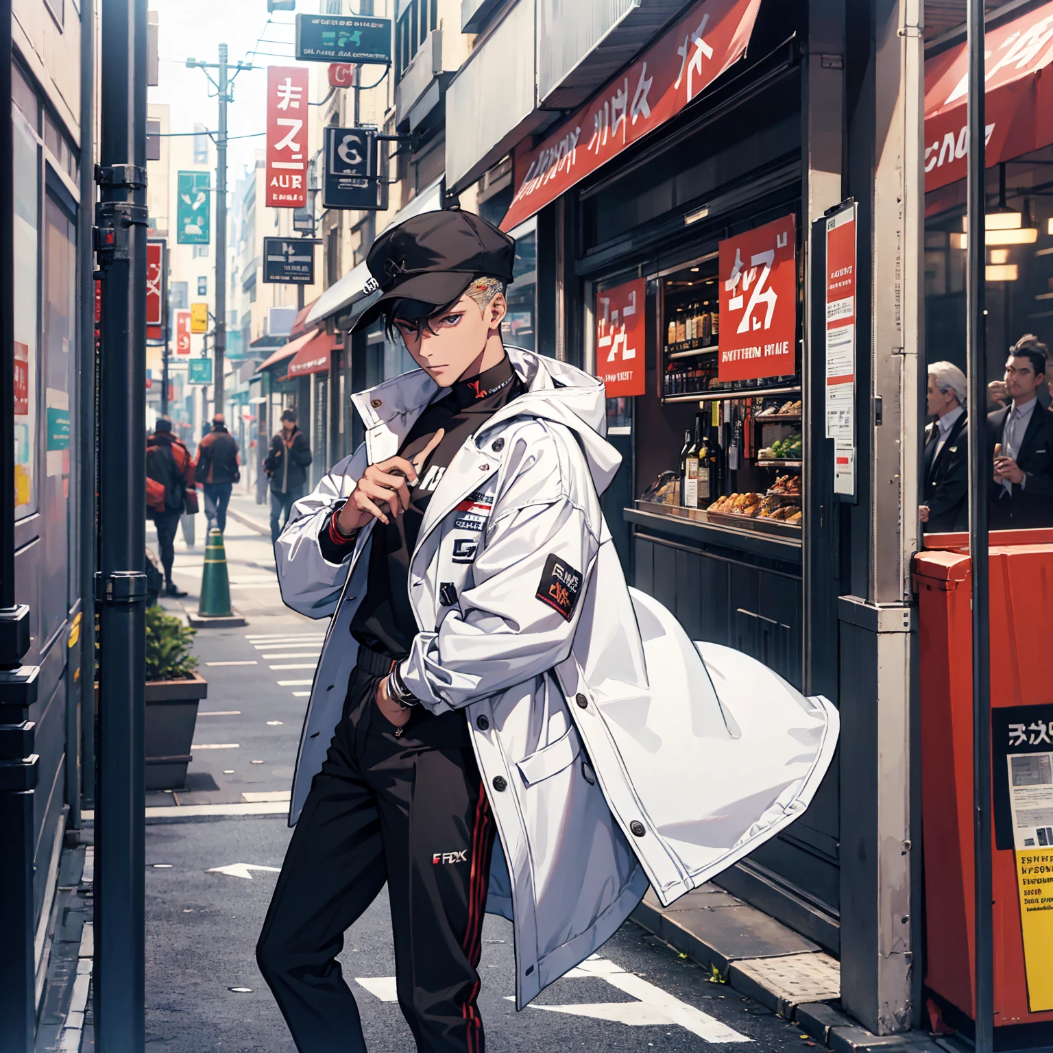 Man of good physical size, anime, white jacket, black blouse, long military pants of white color, military boots of black color, silver cord with ring, blond man, brown eyes, indifferent look, walking through busy street,hands in pockets.