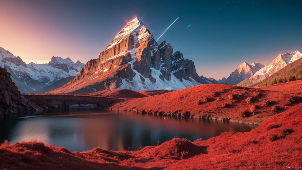 masterpiece, still life photo, Scene of Wonder, with a mountain, hexagonal shape, extreme closeup shot, long exposure, MediumRed