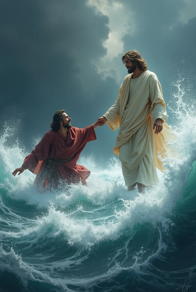 Create an illustration of Jesus and Peter on the water