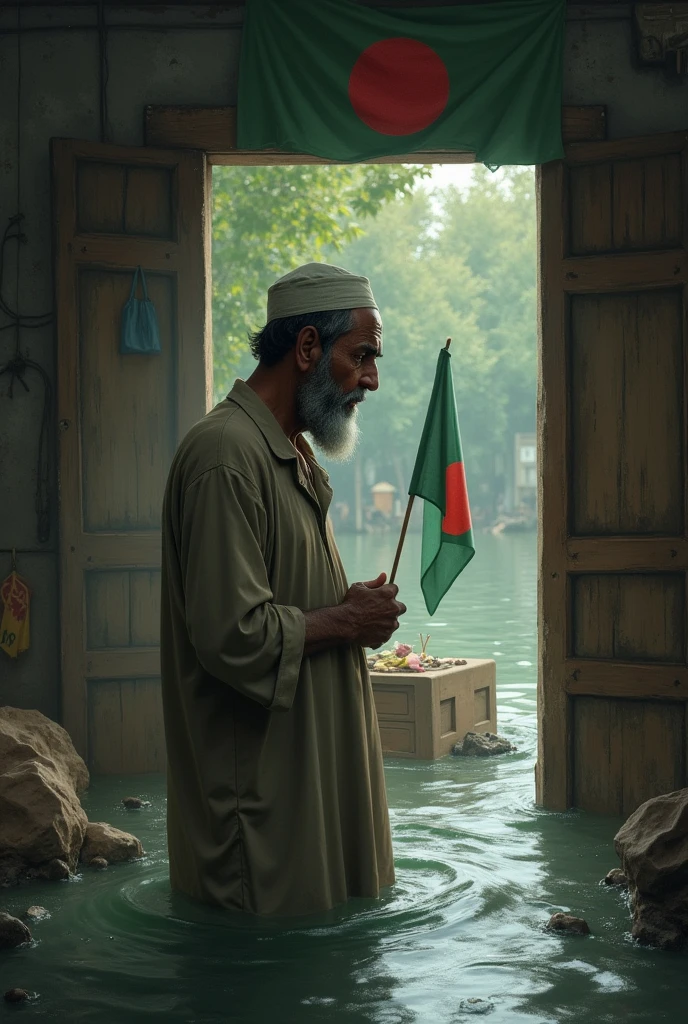 A Muslim man crying because water inside his home , with Bangladesh flag 