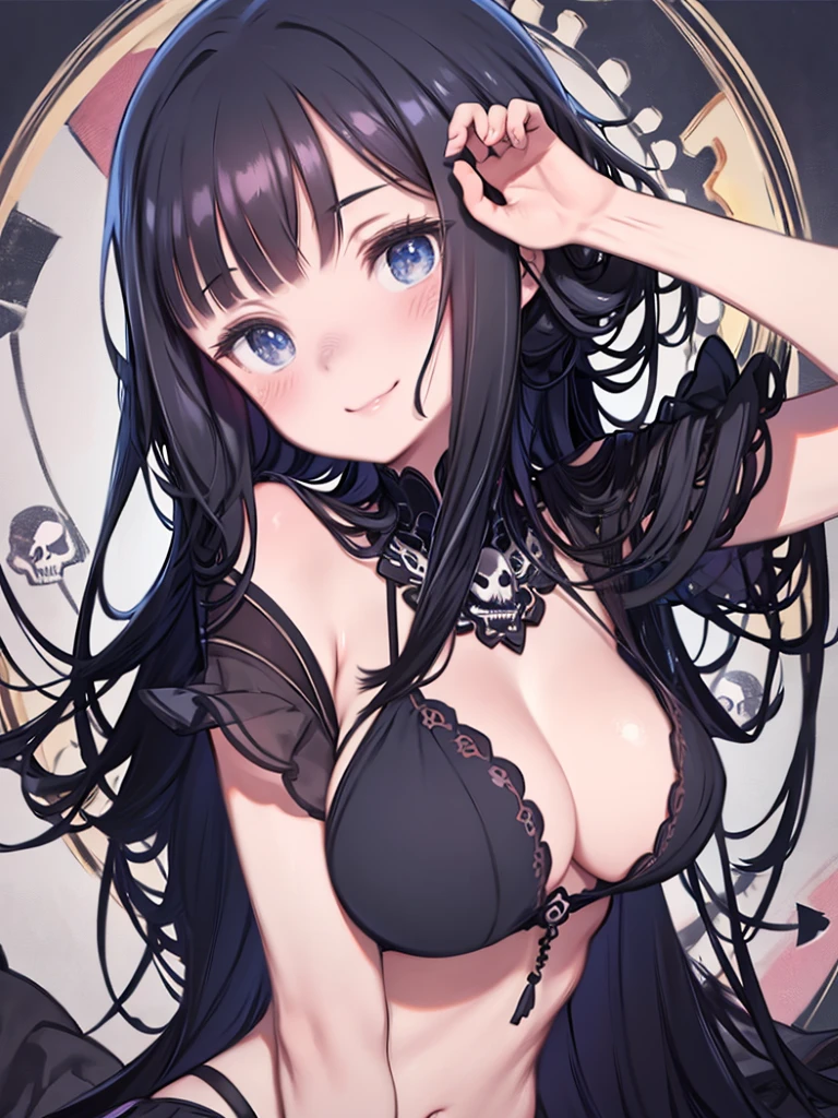 1 person, young woman, alone, Black Hair, Long Hair, (front:1.2), blue eyes, Sharp Eyes, (Black Hair), Large Breasts, View your viewers , masterpiece, Highest quality, 4K ((blush)) ((smile)) (Skull in her hands)