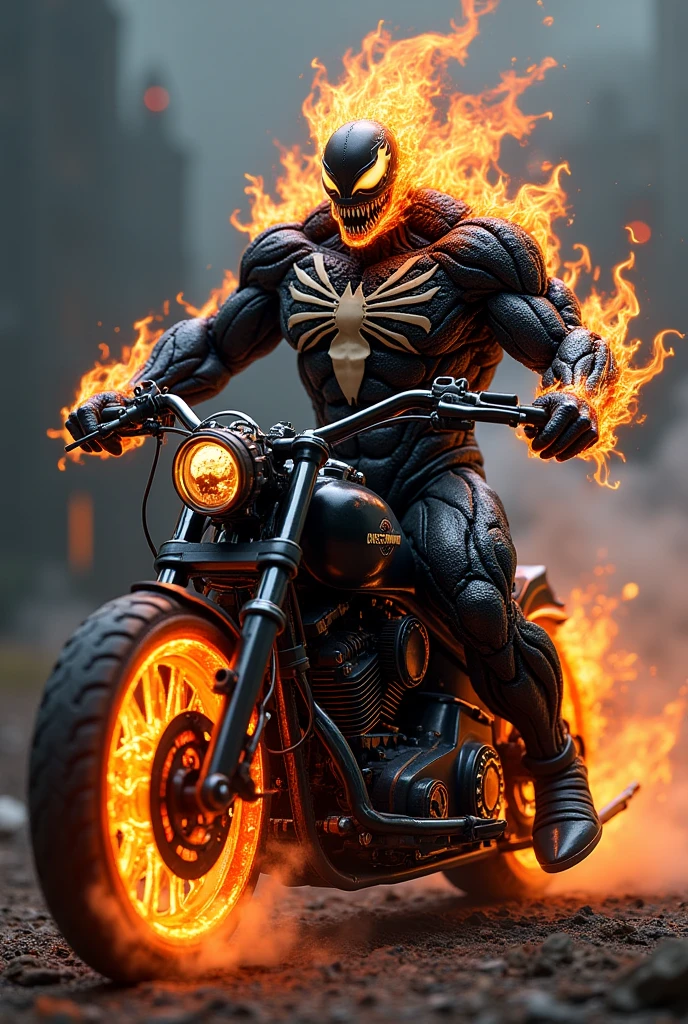 Draw a fusion of Venom and Ghost Rider。Straddling a Harley-Davidson。