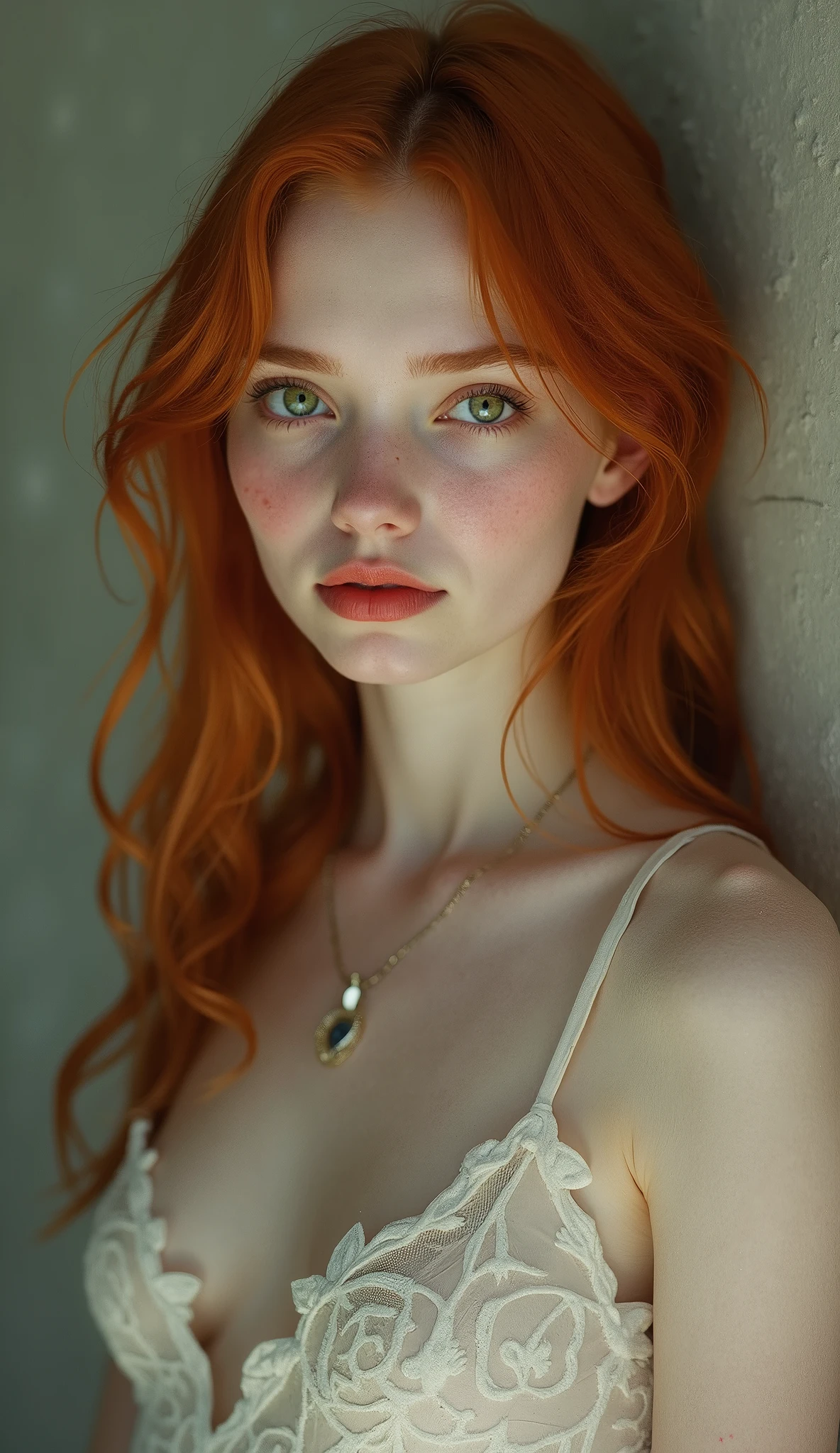 portrait of a beautiful ager, small breasts, intricate dress, soft smile, red lips, ginger hair, green eyes, realism, digital painting, concept art, smooth, sharp focus, rule of thirds, Style-Psycho