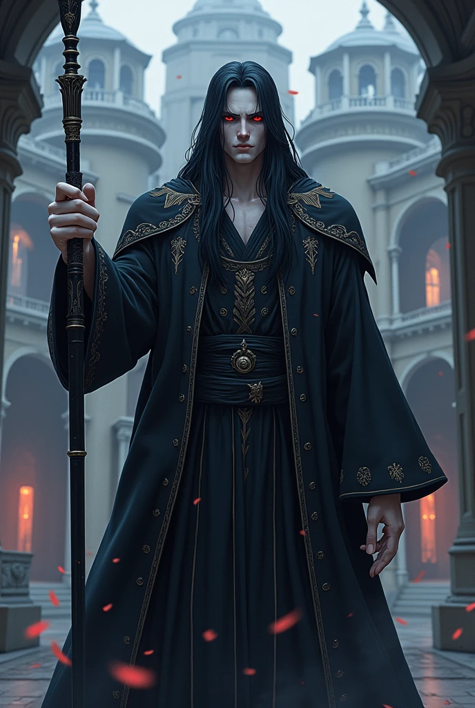 A tall, imposing man, with about 1,90m high, long hair as black as night, and intense red eyes that seemingly penetrate the soul of anyone who dares to look directly into them.. your skin is pale, almost translucent, and he wears long, majestic robes of deep black, embroidery with ancient runes in silver thread. In his hands he carries a wand of ebony wood with a core of dragon heartstring., known for its destructive power. mansion in the background. anime styling.