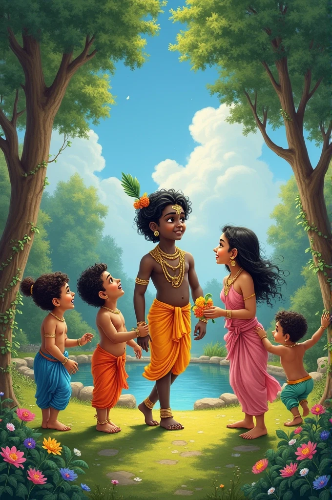 Lord krishna with his friends playing in garden