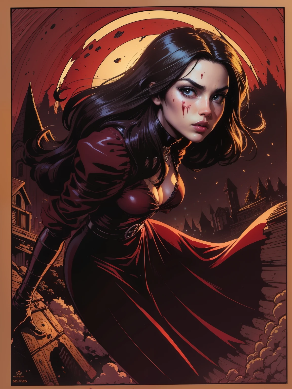 (((COMIC STYLE, CARTOON ART))).  A hot vampire girl, woman in medieval black dress, HOT BODY, on cemitery under the moonlight., covered in blood. Full growth in the frame. higly detailed.