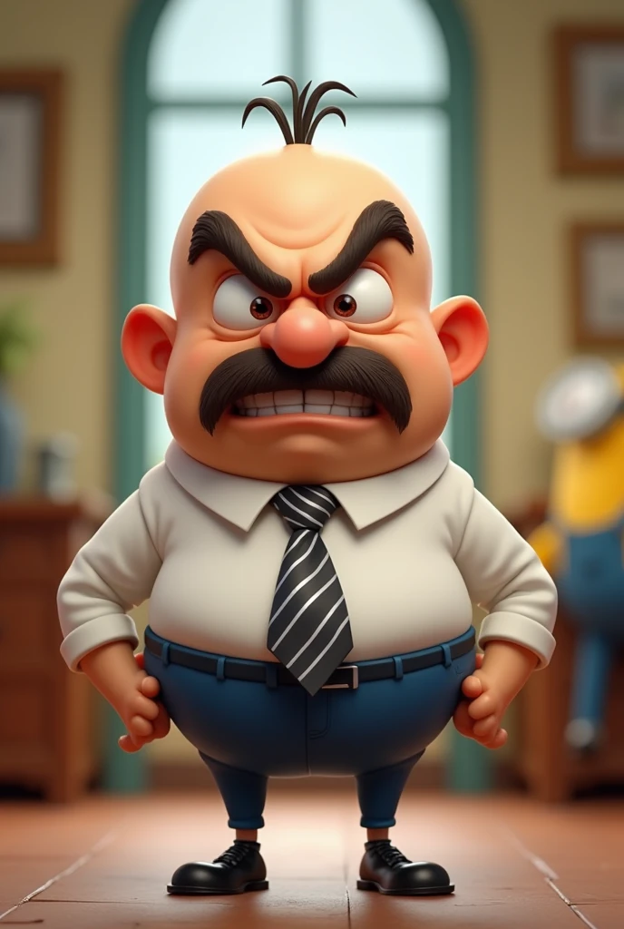 a cartoon guy that is a angry boss, (colorful design:1.4), (Disney style),(pixar style:1.5), bald with a big nose and big mustache,your shirt is white and your pants are blue, he wears a striped tie, has only two hairs, your nose has sharp edges and defined creases as if it were a beak,her body is small and she has thin legs, your eyebrows are thick and expressive, your body is shaped like the minions,