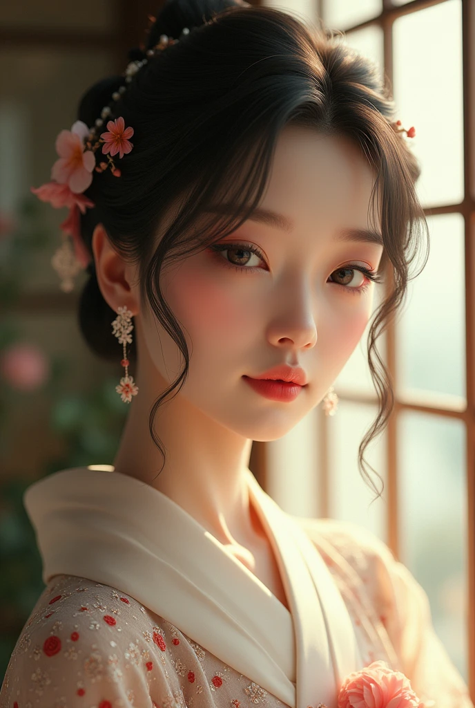 An elegantly dressed Japanese woman in natural light、A close-up of her chest and calm expression.、It shows her inner peace and outer charm.。