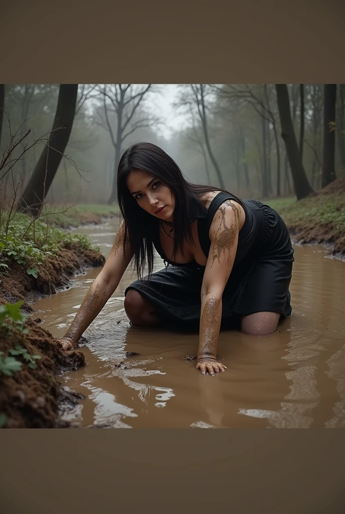 an illustration that encapsulates the beauty of a woman having fun in the mud within a tranquil rural setting on a misty morning. Despite being covered in mud, her captivating features shine through. She possesses alluring eyes and a well-proportioned body. Develop this artwork in Full HD with a cinematic style.