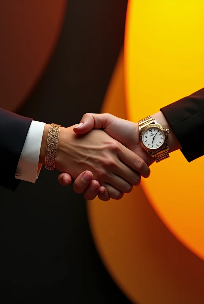 I created a handshake, where on the wrist there are women's bracelets cartier and a Rolex watch on just one arm, symbolizing the closing of a new partnership between two companies, the background must contain orange, yellow and black. more female the hands