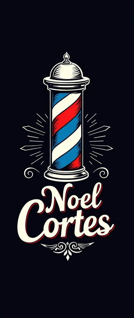 Faça uma logo de barbeiro com um símbolo 💈azul vermelho e branco escrita “Noel cortes” com o fundo preto e a fonte detalhada