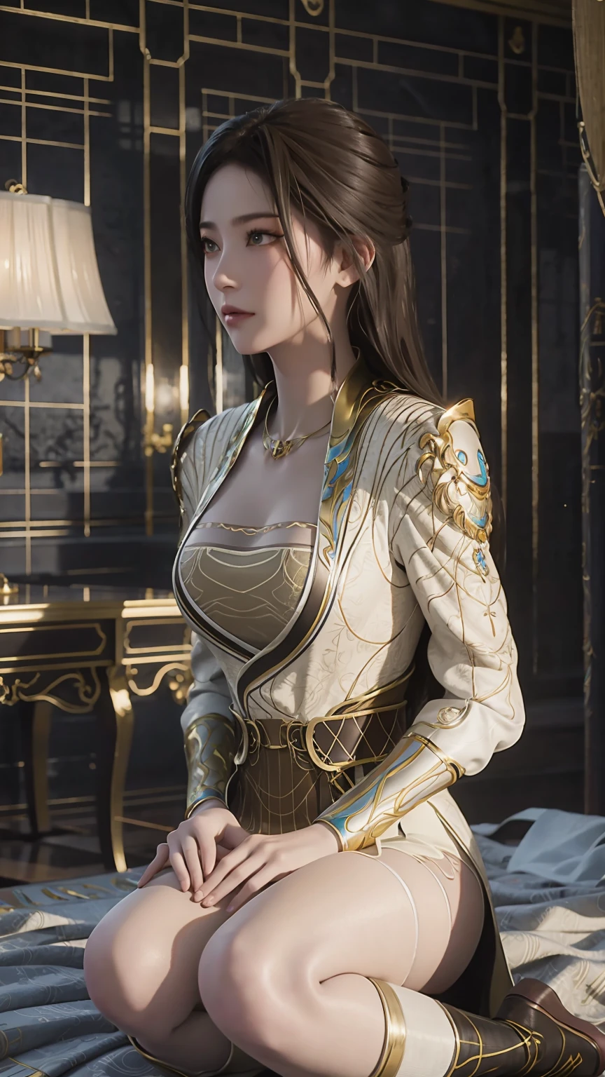 best quality,masterpiece,Final Solution,Fluffy,Extremely colorful,Mature beautiful woman,(Wear school uniform),Lace Bikini,(美女被Beheading),Normal posture,(Kneel down),Kneel down on the bed,shackles,Beheading,collar,White ,High heel,Normal posture,Large cup,