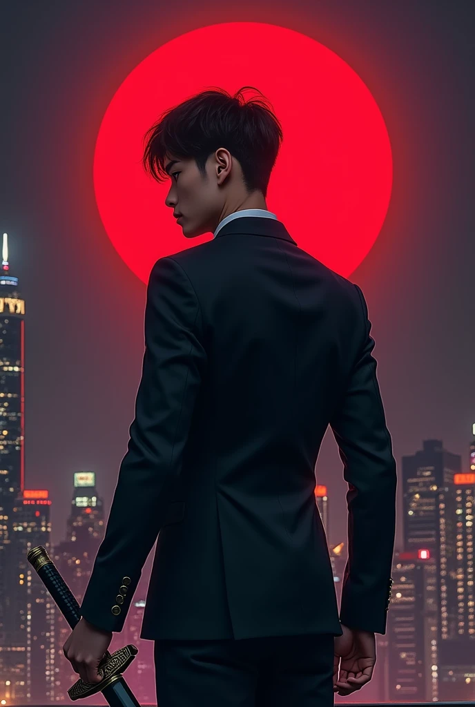 Show me a picture of a young korean man with a feminist body, wearing a black tight suit and holding a sword, as he turns his back with the city at night in the background, featuring a red, round moon.