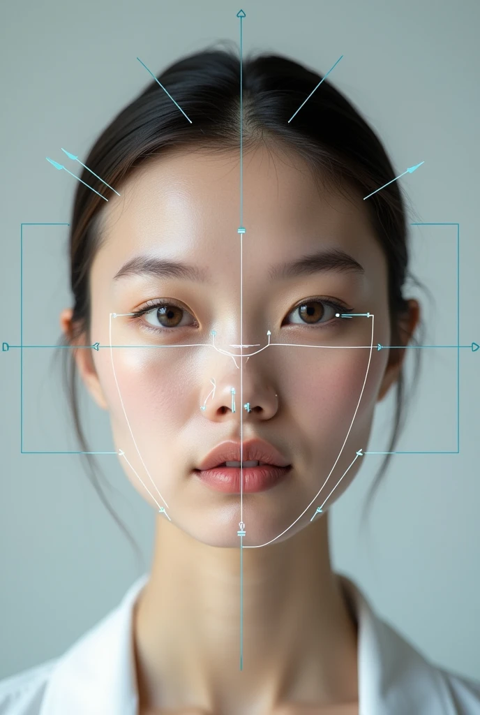 Photo 9:16 biometric points and lines for facial recognition on a woman's face