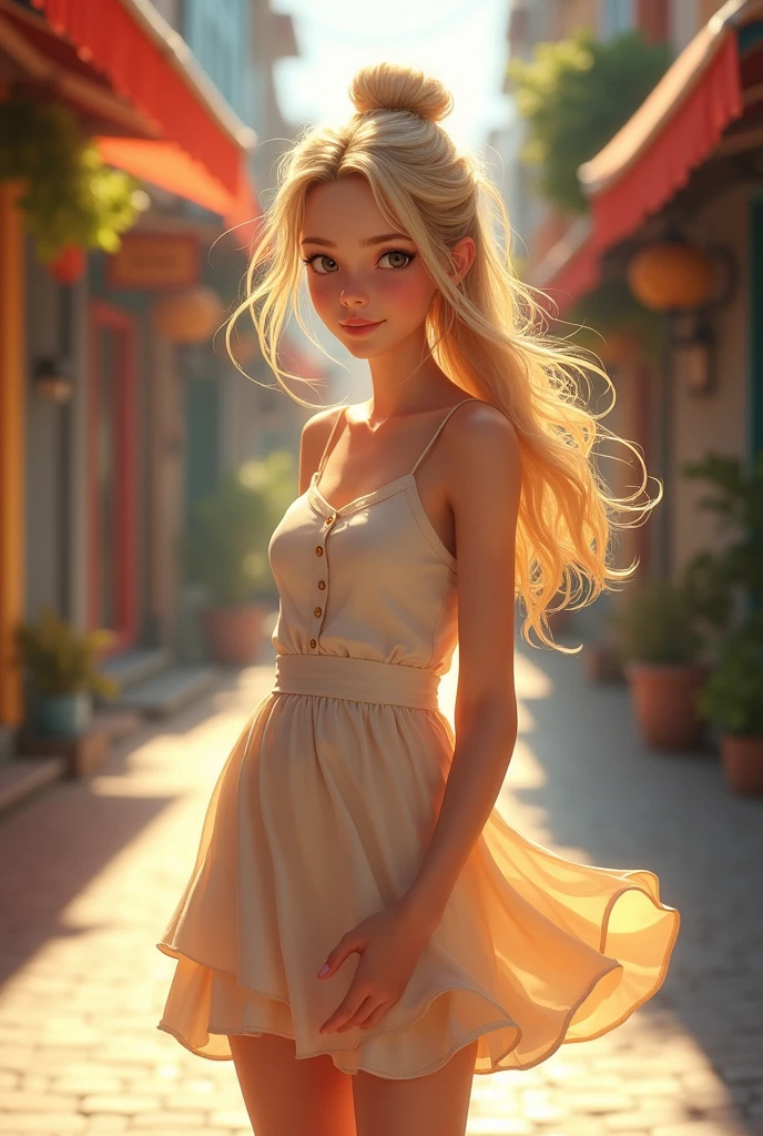 Top quality, 1 beautiful woman, Bun Hair, blonde hair, wearing Camisole & skirt, shy-smile, Sunlight, at street