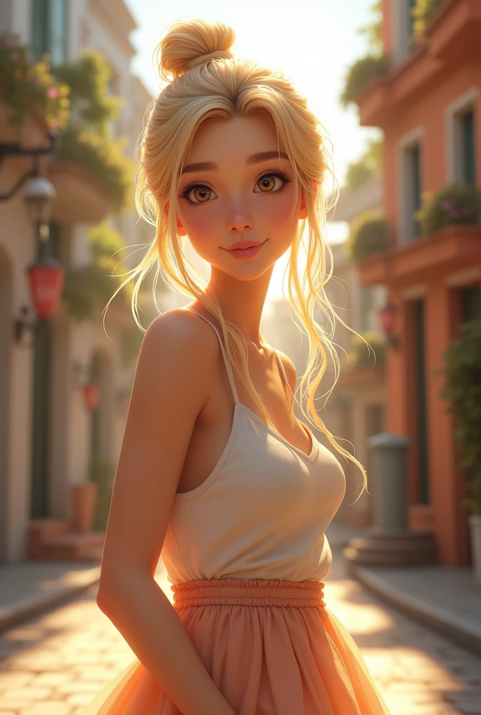 Top quality, 1 beautiful woman, Bun Hair, blonde hair, wearing Camisole & skirt, shy-smile, Sunlight, at street