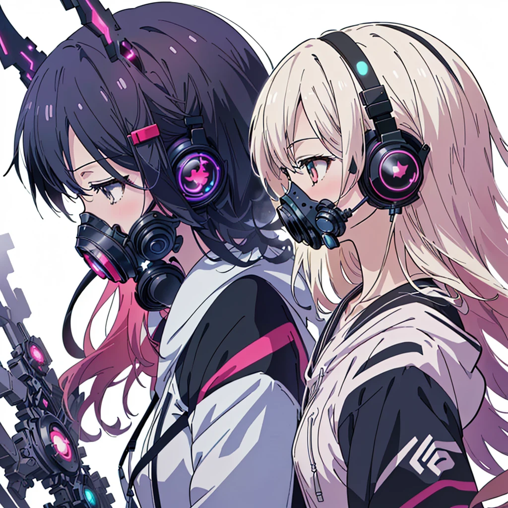 One girl,(((Highest quality、masterpiece、Official Art、Very detailed、Anime Style、Best dynamic composition、profile、Perfect Anatomy)))、 Headphones, hoodie, Vibrant colors, neon, White Background、gas mask、
