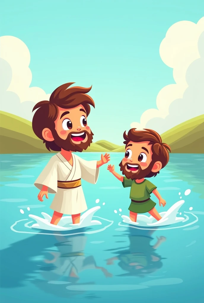 Create a cartoon illustration of Jesus and Peter on the water