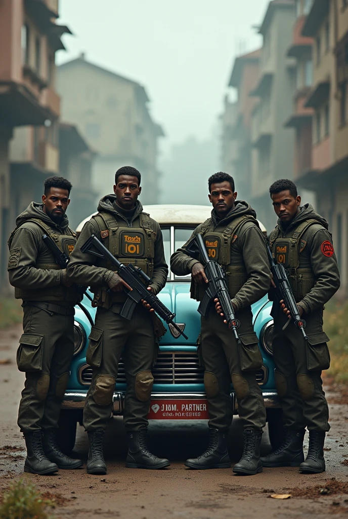 Generate a picture of 4 men and Each one are holding guns . They all wear vest and their name are tagged on their vest. The leader name is Toxic 01 and other three names are Toxic 03 , Toxic 00 , Toxic 08. All names should clearly visible. They all are standing in front of a old blue dacia car . BGMI PARTNER are printed on car front bonate. This are are situated in infected area.