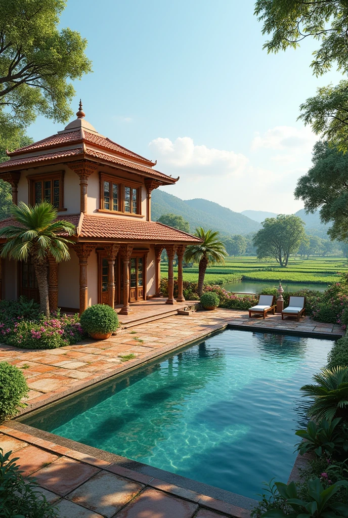 An indian farmhouse with private pool near a lake