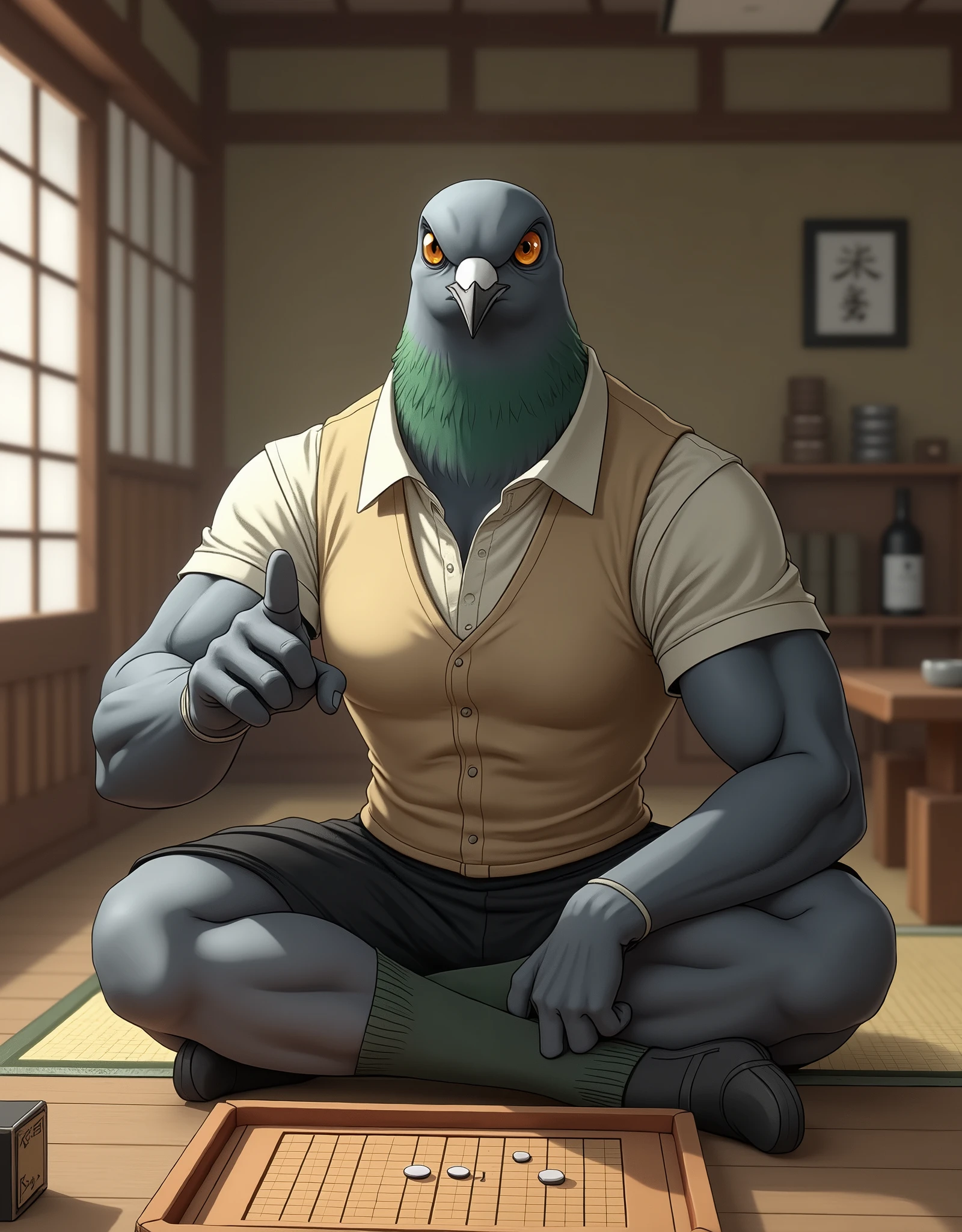 A gray female pigeon wearing an off-white collared short-sleeved shirt, a light brown vest, a knee-length black skirt, dark green socks and black shoes.、He is sitting upright in a Japanese-style room, playing Go and pointing his finger at me.、Muscular grey female pigeon、Photorealistic images