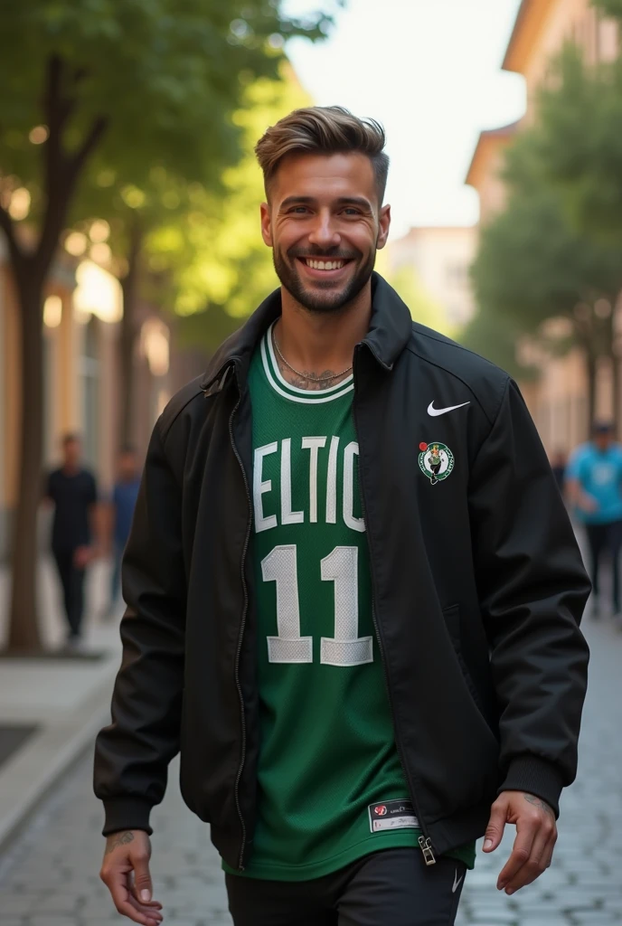 (photorealism:1.2), beautiful man, walking on the street, wearing black jacket, boston celtics jersey, hairstyle like David Beckham in 2017, smiling face, no tattoos, outdoors, soft lighting, street of Tbilisi background, sunlight weather, relaxed pose, realistic, intricate details, warm colors