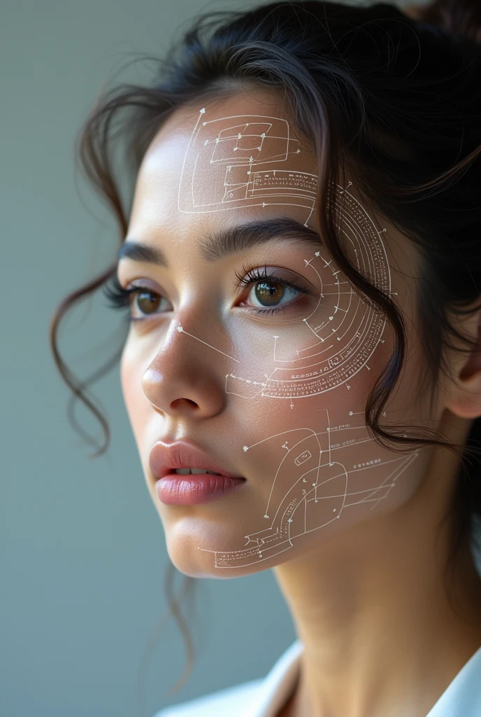 Photo 9:16 facial recognition biometric points and lines on the face of a Latina woman

