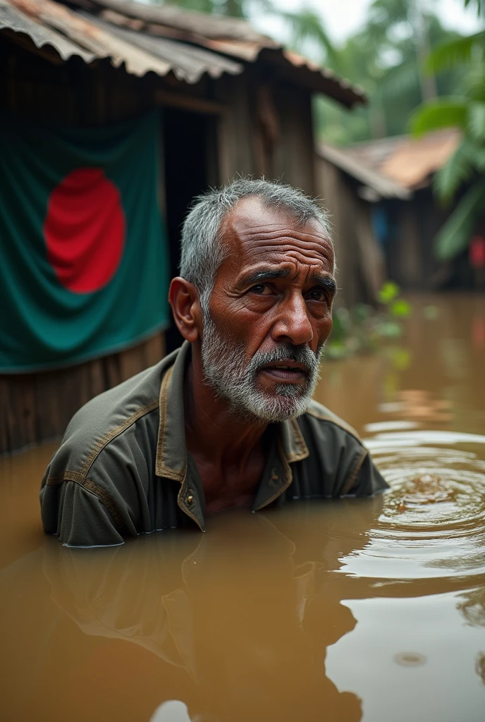 A Bangladeshi Muslim man wareing Muslim cap crying because water inside his home , with Bangladesh flag
