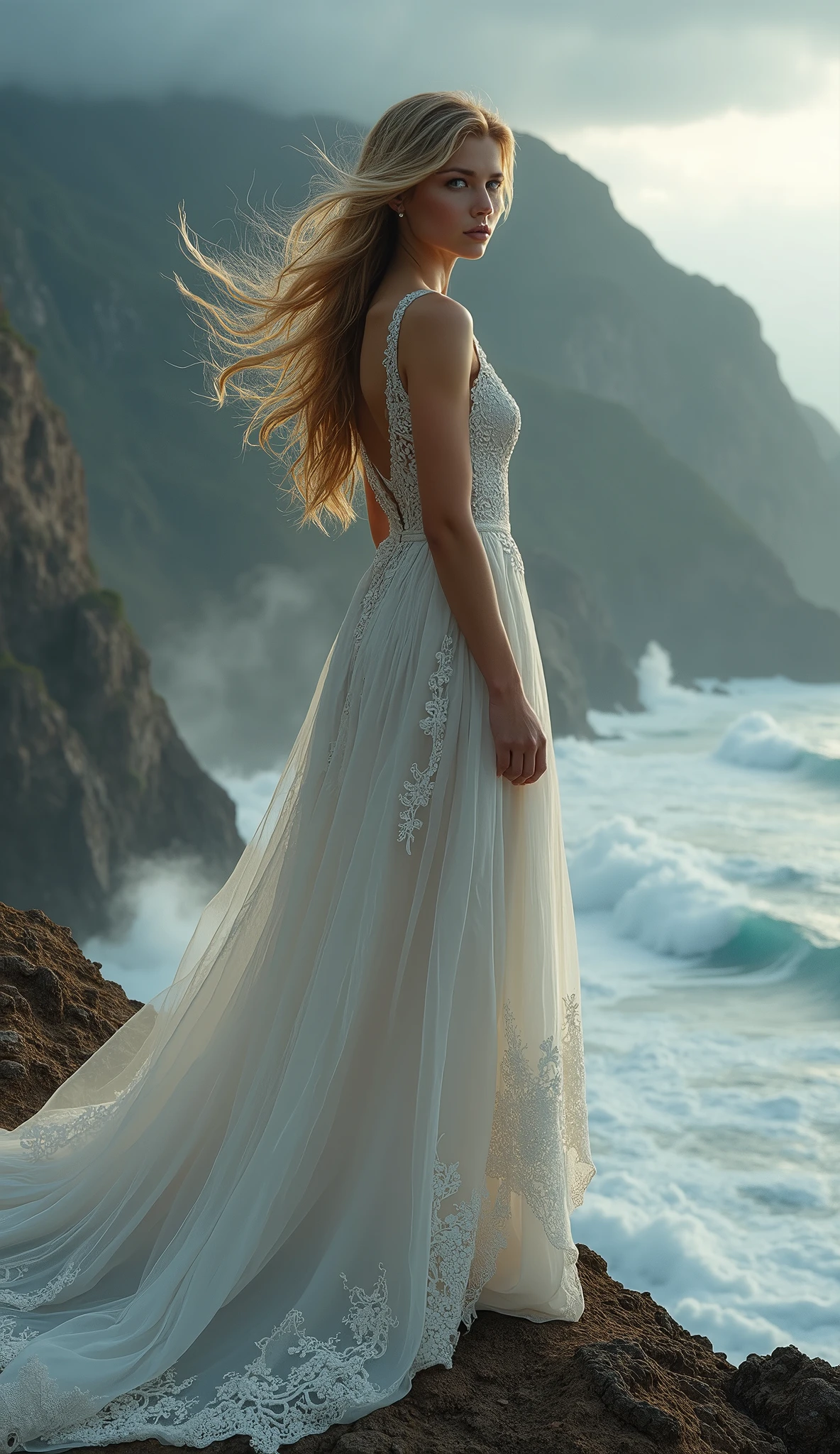 a stunningly beautiful young lady with porcelain skin, high cheekbones, and bright blue eyes, wearing a flowing, intricately designed, pure white wedding gown with a delicate lace veil, standing confidently at the rugged edge of a misty mountain peak, her golden hair blowing gently in the wind, behind her, the majestic mountain slopes downward to meet the tumultuous ocean, where powerful waves crash against the rocky shoreline, beneath a dramatic dark grey cloud-filled sky, with a hint of sunlight peeking through the gaps, illuminating the mist that rises from the mountain's slope, creating an ethereal atmosphere.