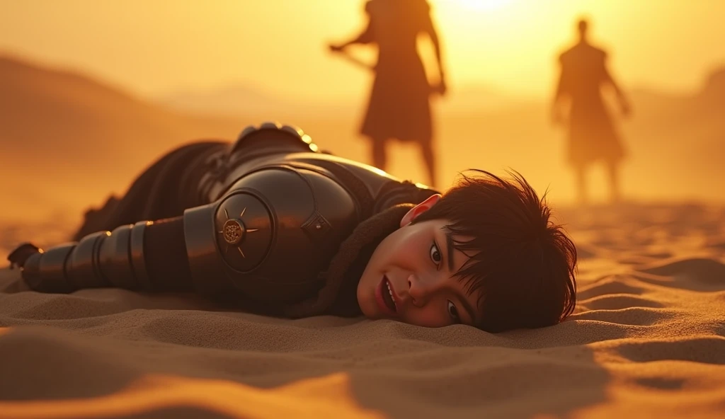 A highly realistic, high-contrast, 8k hd, detailed, hyper-detailed image of a battlefield in a desert at sunset. The scene focuses on the severed head of the 主人公, lying on the sandy ground. The head is in sharp focus, with the warm, golden light of the setting sun casting long shadows across the sand. The expression on the face is frozen in a final moment of surprise or realization. Nearby, the body of the protagonist is visible, clad in steel armor, but it is blurred to keep the focus on the severed head. In the background, The figure of Tadokoro, a knight in steel armor with a lion emblem, stands holding a sword. The atmosphere is solemn, with no blood present, only the stark reality of the aftermath of a deadly battle.