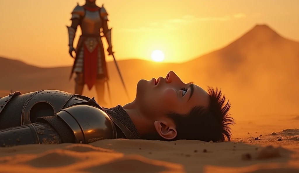 A highly realistic, high-contrast, 8k hd, detailed, hyper-detailed image of a battlefield in a desert at sunset. The scene focuses on the severed head of the 主人公, lying on the sandy ground. The head is in sharp focus, with the warm, golden light of the setting sun casting long shadows across the sand. The expression on the face is frozen in a final moment of surprise or realization. Nearby, the body of the protagonist is visible, clad in steel armor, but it is blurred to keep the focus on the severed head. In the background, The figure of Tadokoro, a knight in steel armor with a lion emblem, stands holding a sword. The atmosphere is solemn, with no blood present, only the stark reality of the aftermath of a deadly battle.

