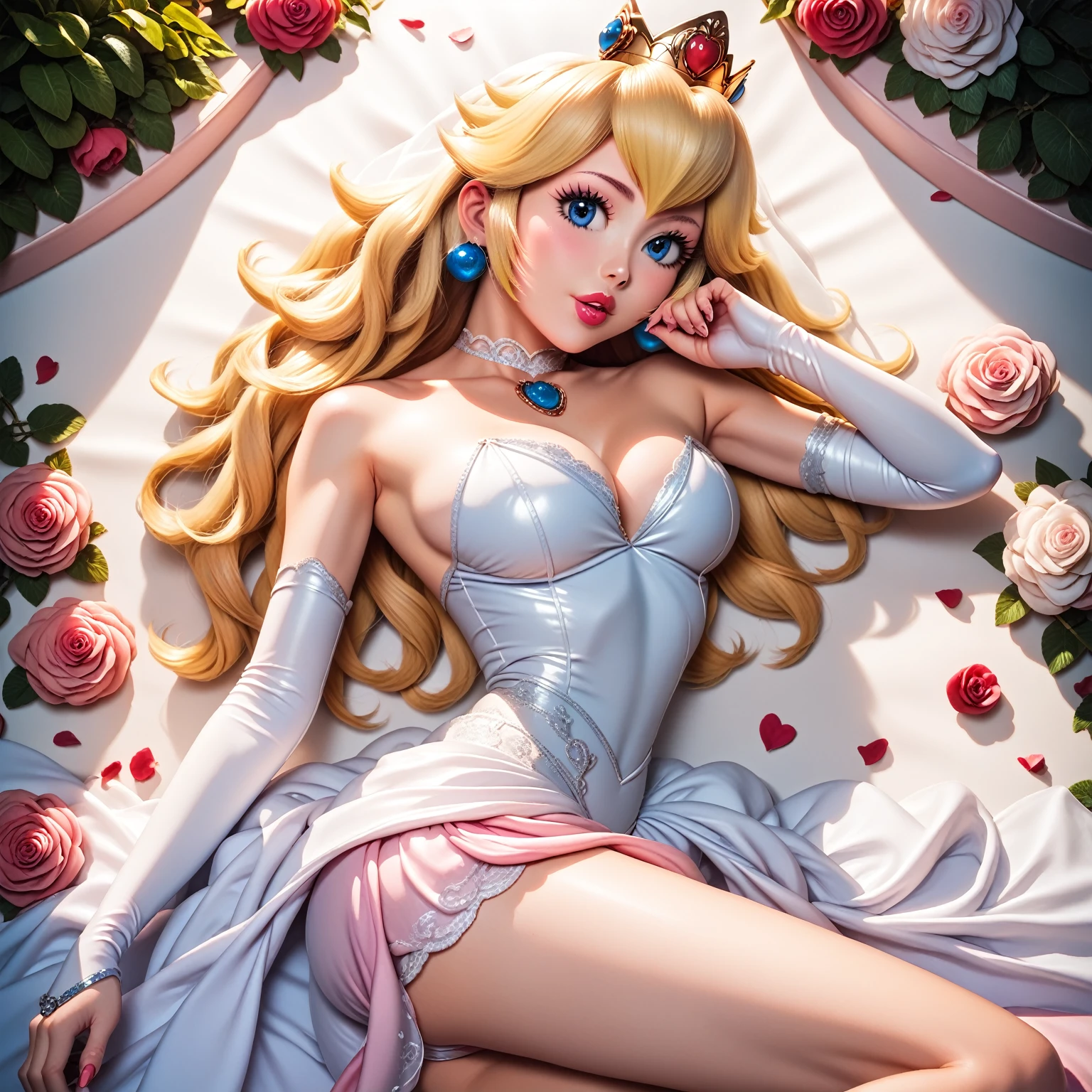PRINCESS PEACH, 1 woman, beautiful detailed blue eyes, beautiful detailed lips, extremely detailed face, long eyelashes, Sensual Body, Bare Legs, loose and wavy blonde hair, ornate crown, elegant wedding dress, lying down, view from above, revealing dress , fitted wedding dress, bridal underdress. intricate embroidery, lush garden, dramatic lighting, photorealistic, 8K, high resolution, sensual pose. the whole body.