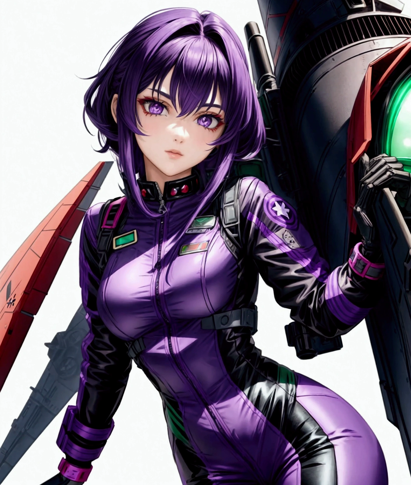 medium hair, purple hair, cool and beautiful girl, black and red and green pilot suit with sholder pat, purple eyes