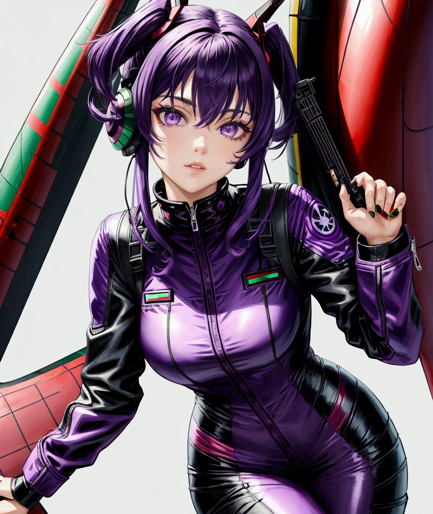 medium hair, purple hair, cool and beautiful girl, black and red and green pilot suit with sholder pat, purple eyes