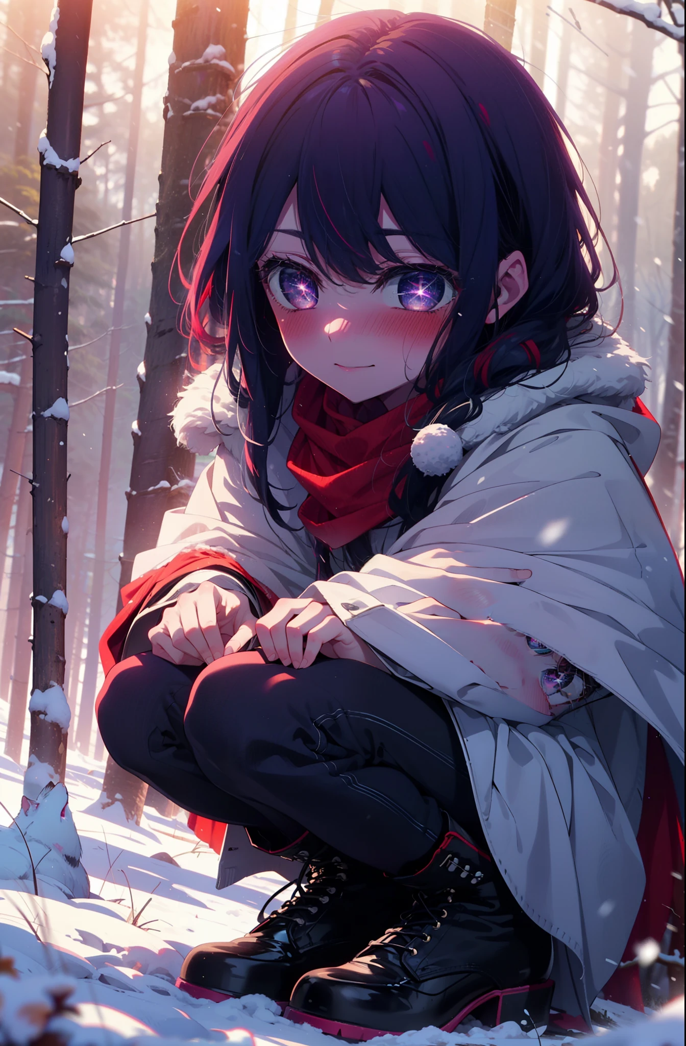 aihoshino, Ai Hoshino, Long Hair, bangs, (Purple eyes:1.1), Purple Hair, (Symbol-shaped pupil:1.5), smile,,smile,blush,white breath,
Open your mouth,snow,Ground bonfire, Outdoor, boots, snowing, From the side, wood, suitcase, Cape, Blurred, , forest, White handbag, nature, Squat, Mouth closed, Cape, winter, Written boundary depth, Black shoes, red Cape break looking at viewer, Upper Body, whole body, break Outdoor, forest, nature, break (masterpiece:1.2), Highest quality, High resolution, unity 8k wallpaper, (shape:0.8), (Beautiful and beautiful eyes:1.6), Highly detailed face, Perfect lighting, Extremely detailed CG, (Perfect hands, Perfect Anatomy),
