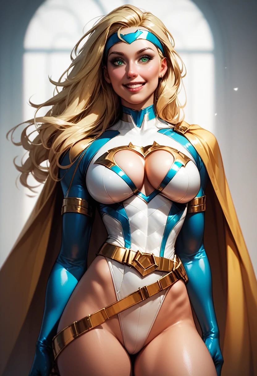 score_9, score_8_up, score_7_up, score_6_up, score_5_up, score_4_up, Sexy, Superheroine, blonde hair, green eyes, long hair, busty, ((White skimpy highleg leotard with a t-back thong)), gold belt, gold cape, thin white headband, deep v cleavage cutout, happy expression