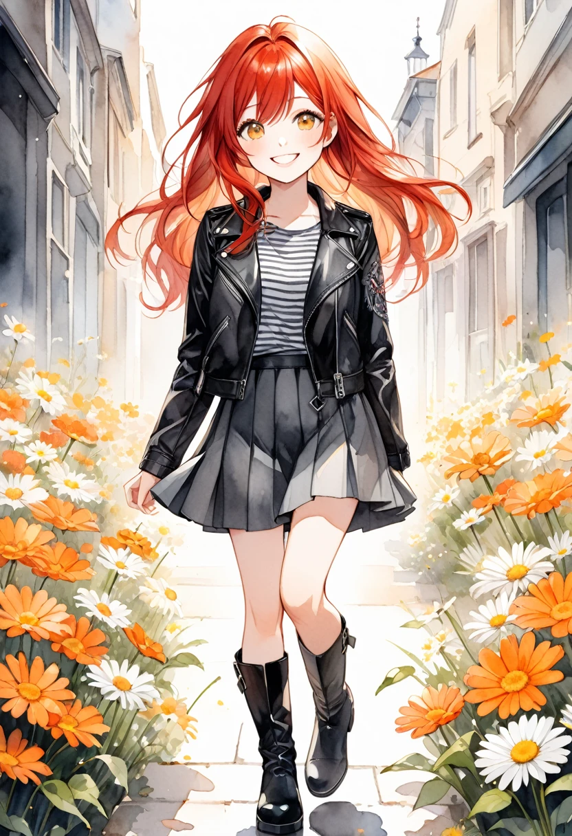 The image is a watercolor style illustration of a young girl with long red hair. She is wearing a black leather jacket with a striped shirt underneath and a gray skirt with pink and orange flowers. She has a white daisy on her. She wears black boots on her feet. The girl has a big smile on her face and is looking directly at the camera. The background is