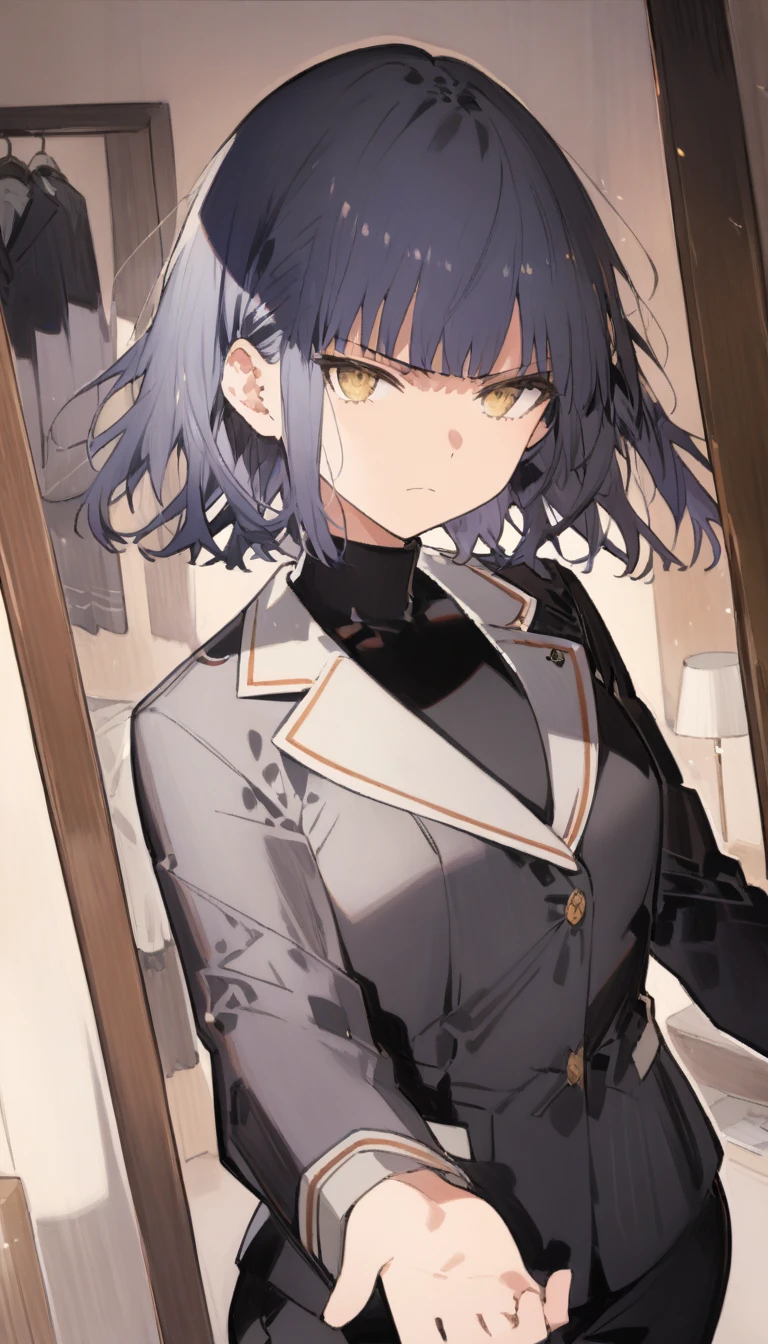 score_9, score_8_up, score_7_up, source_anime, 1girl, yellow eyes, room, wariza, medium hair, pixie bob haircut, dark blue hair, Frowning face, serious face, portrait, blazer, starshadowmagician, solo, Adult woman, best perfect anatomy, thin, curvy body, flat breasts, close up shot on person, pov_doorway, a woman showing his hand, mature woman standing poses, wear a black surgical mask, black turtleneck long sleeve, black pants, wide turtleneck collar, dynamic angle. perfect dynamic composition, foreshortening, night days, volumetric lighting, hotel room background,