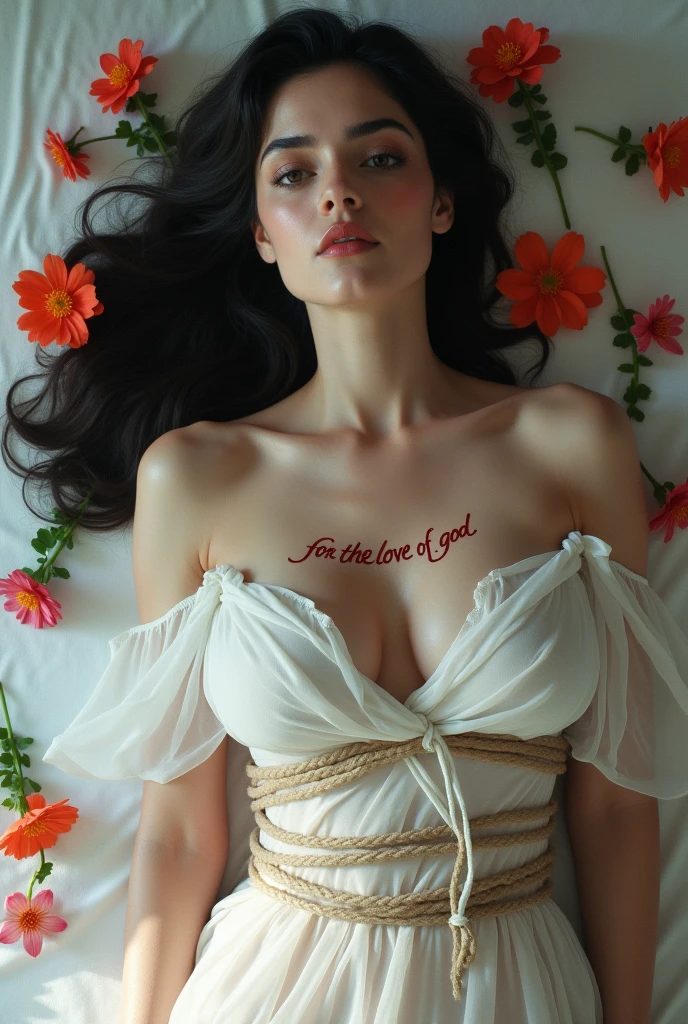 Beautiful Female dead Body looks like Salma Hayek, white table with various flowers background. Lifeless, pale skin, grayish lips, covered with white chiffon cloth blanket, busty, voluptuous , serene, peaceful soft bright light, her bare chest is written "For The Love Of God" with blood , tied with rope