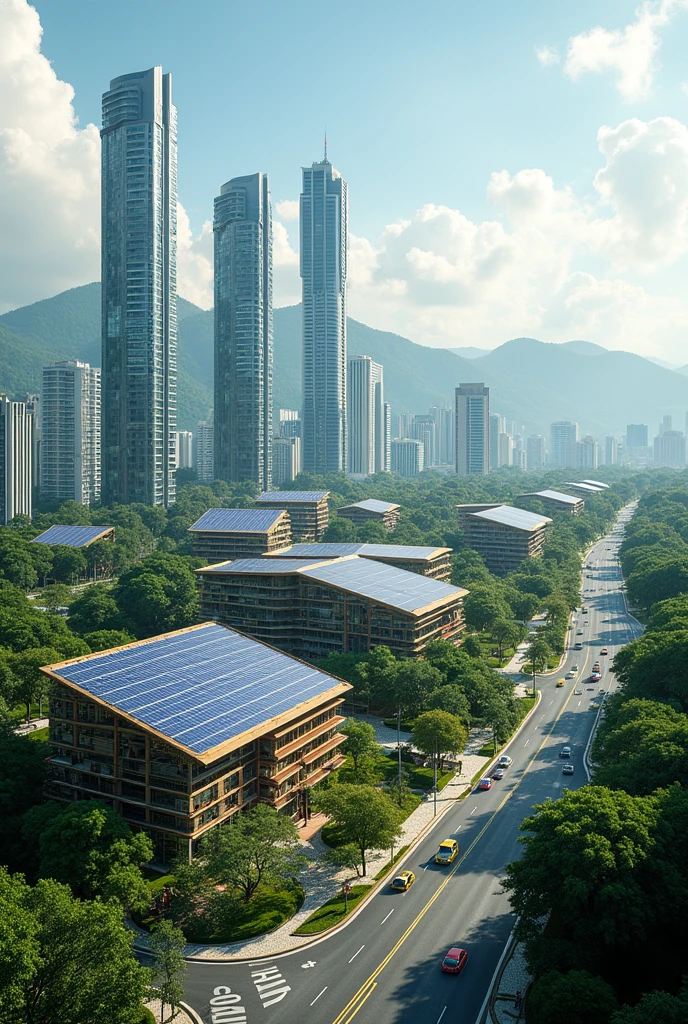 Create me a very cool town that is in Malaysia but there's a lot of solar panels that are powering the huge tall and small buildings