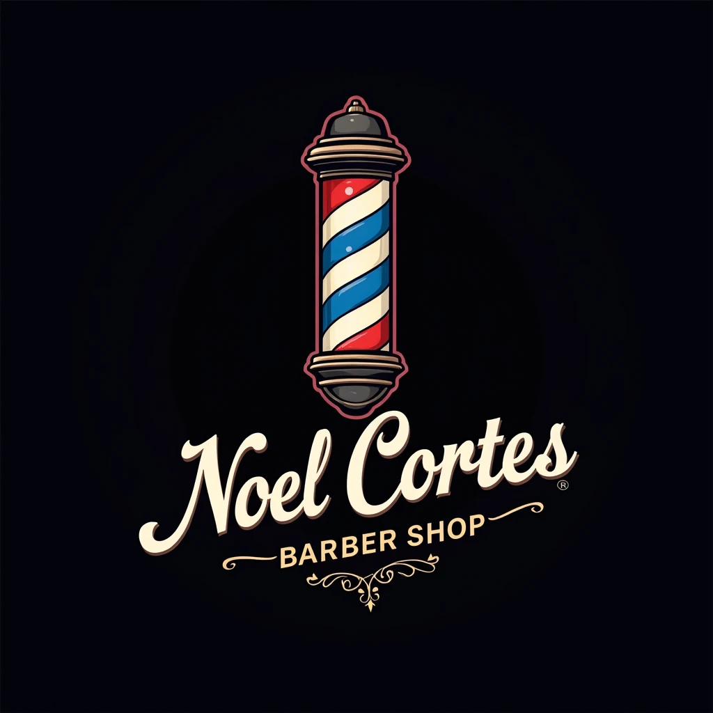 Faça uma logo de barbeiro com um símbolo 💈azul vermelho e branco escrita “Noel cortes” com o fundo preto e a fonte detalhada