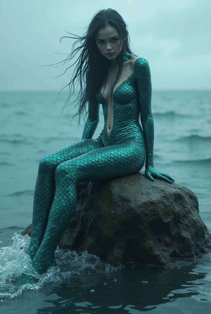 Watermaid. has legs, expressive eyes, wearing scaly fabric, sitting on a rock in middle of ocean, hostile, ethereal water creature