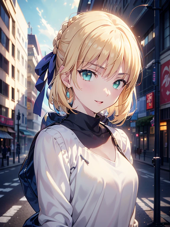 fashion model, masterpiece, beautiful detail, beautiful light and shadow,Beautiful Anime Woman, Beautiful art style, Anime characters,1girl, ((((solo)))),saber,blonde hair, short hair, hair ribbon, casual,Street attire, white collar,outdoors,winter,smile,parted lips break ((dynamic pose)), dramatic makeup, close-up
