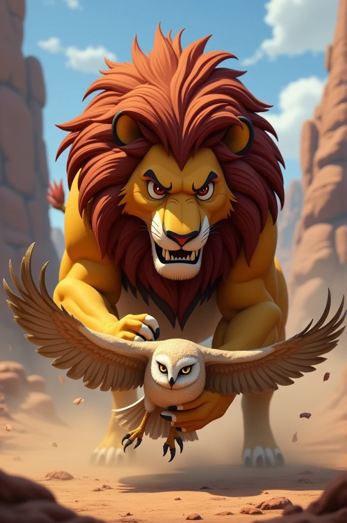 an animated image of a lion crushing an owl