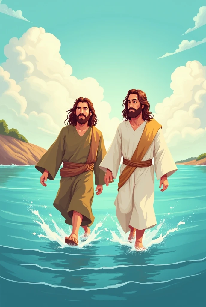 Create a cartoon illustration of adult Jesus and adult Peter on the water
